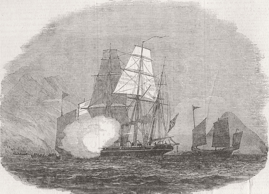 CHINA. HMS Reynard capturing; Pirate Junks, Hong Kong 1850 old antique print